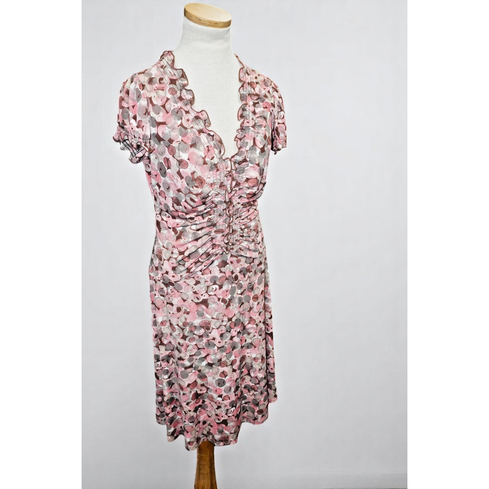 Connected Apparel Sheer Mesh Ruched Dress – Size 6 – Pink & Taupe Dot Print –